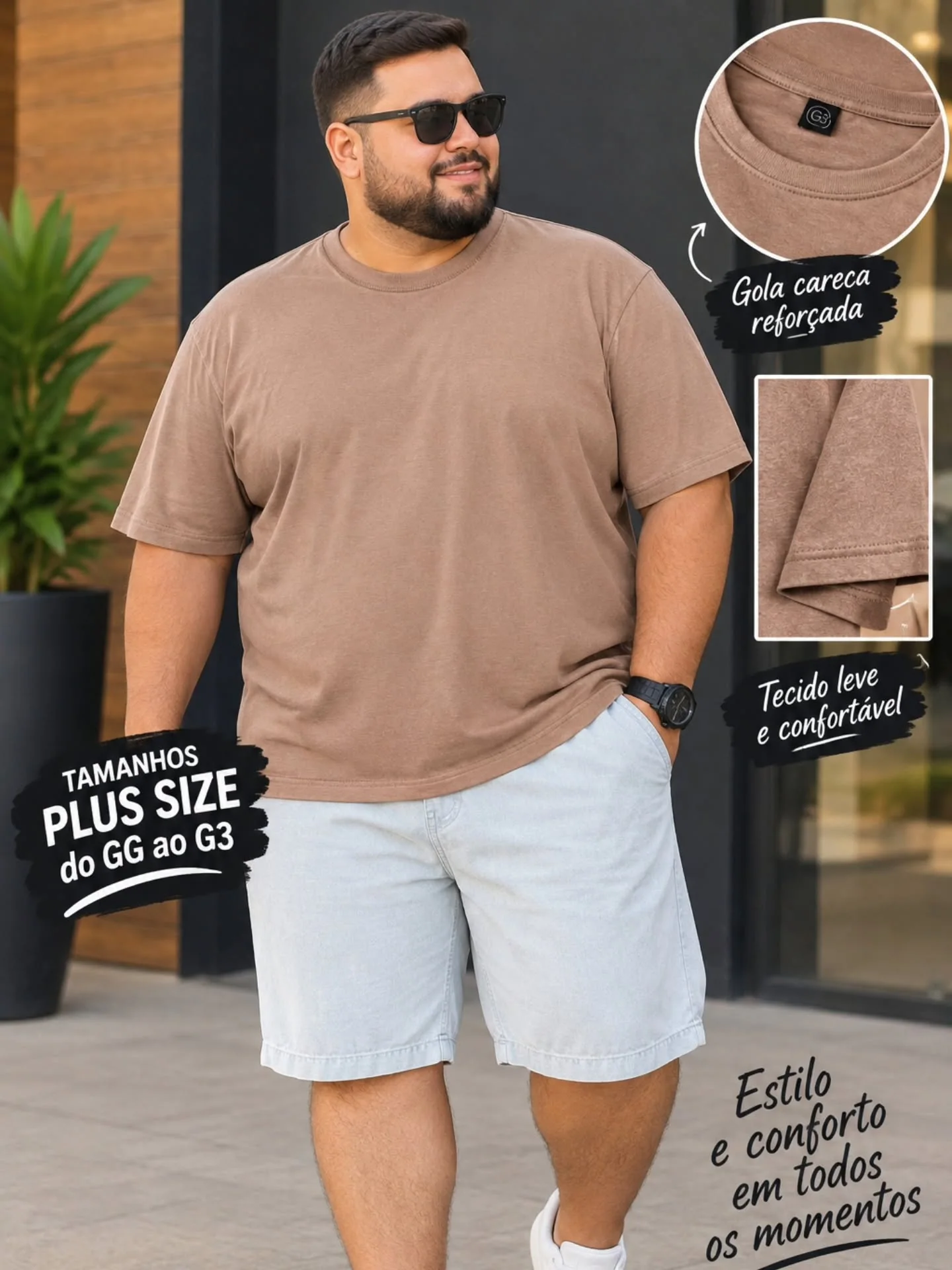 Look masculino com camiseta em tom terroso e bermuda clara